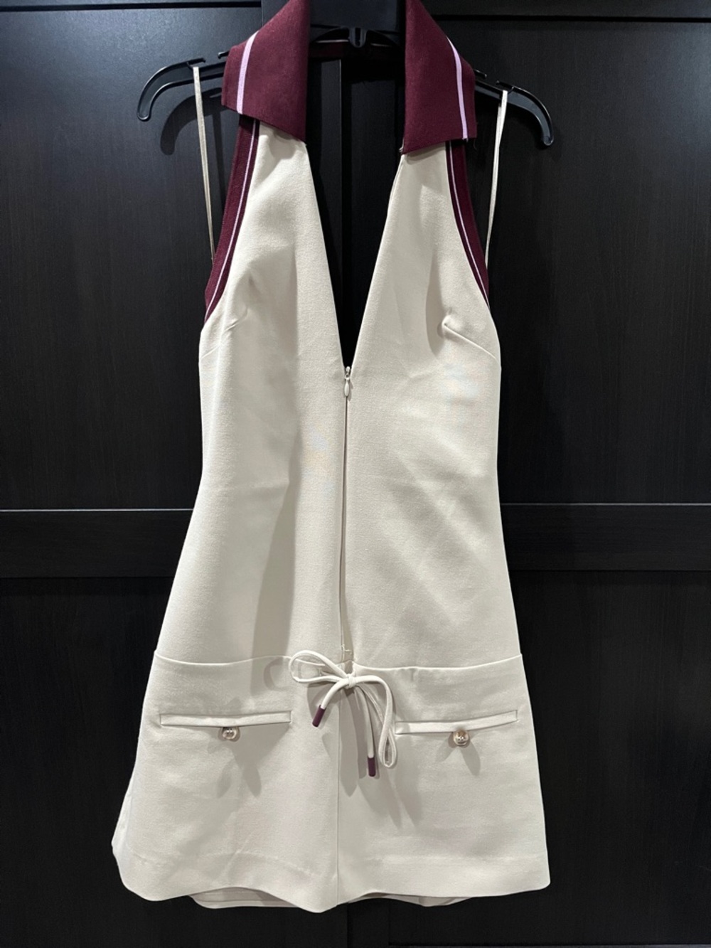 Zara Cream Sleeveless Romper with Burgundy Collar